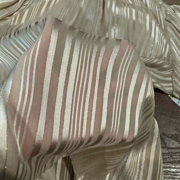 Express Striped Sheer Mock Neck Blouse Champagne Beige Elegant Holiday L READ - Picture 5 of 11